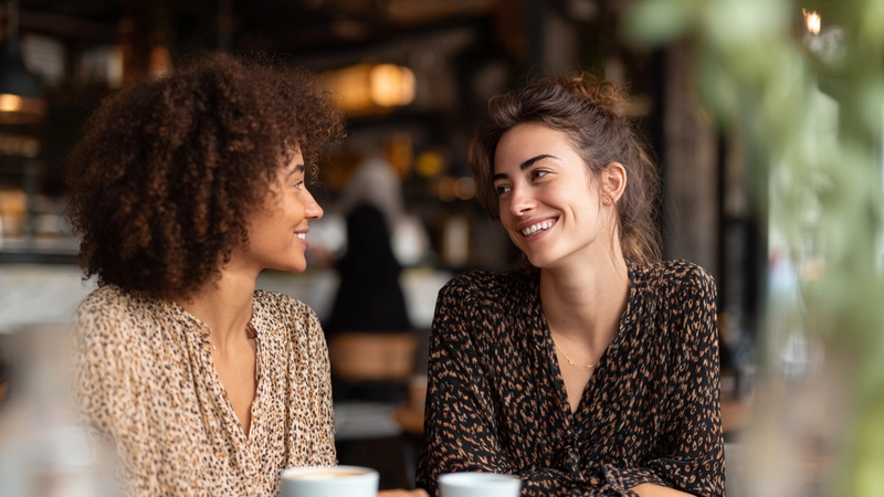 Two people having a respectful conversation at a café table