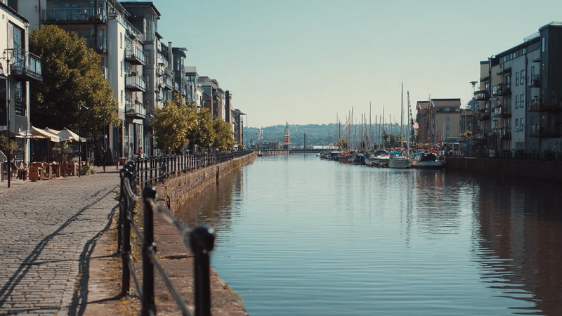 Bristol harbour area with colourful buildings and calm water