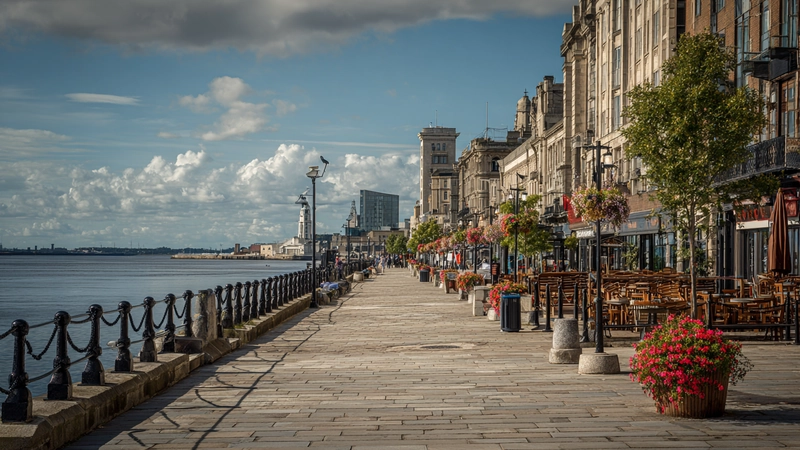Liverpool waterfront area with warm light and social energy